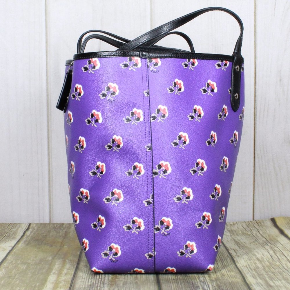 Coach Purple Floral Tote with Black Trim and Wristlet - Picture 5 of 14